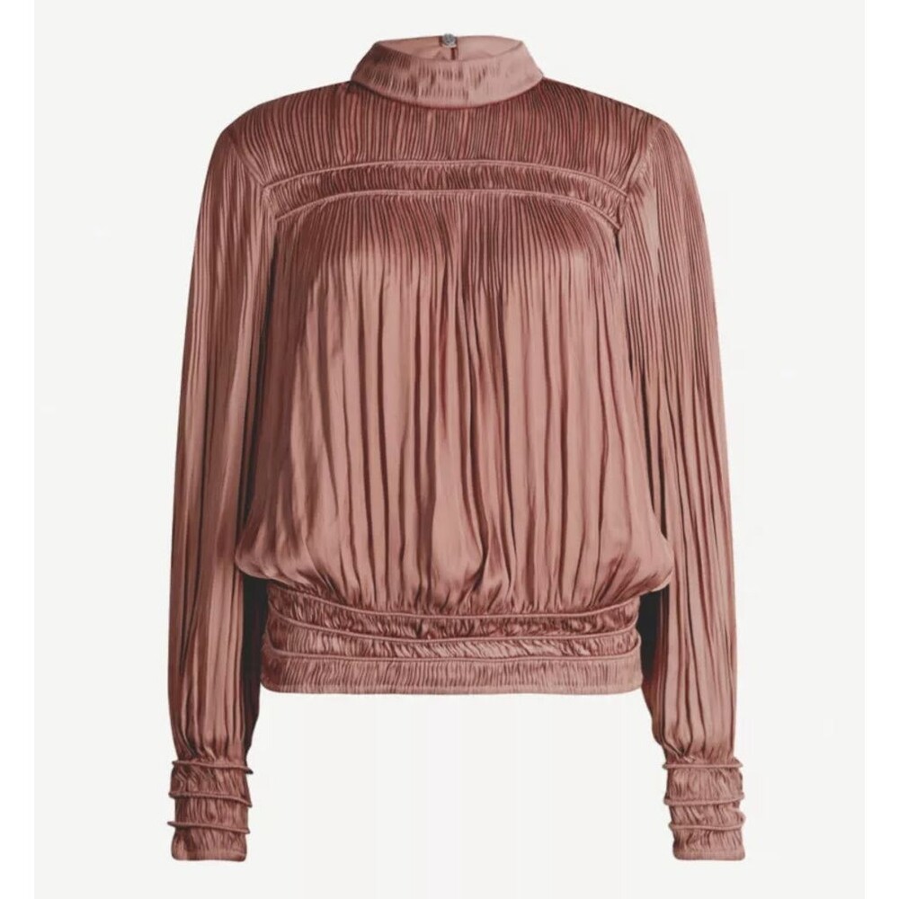 FRAME Rosewood Satin Smocked Mock Neck Long Sleeve Feminine Flowy Blouse‎ L $298